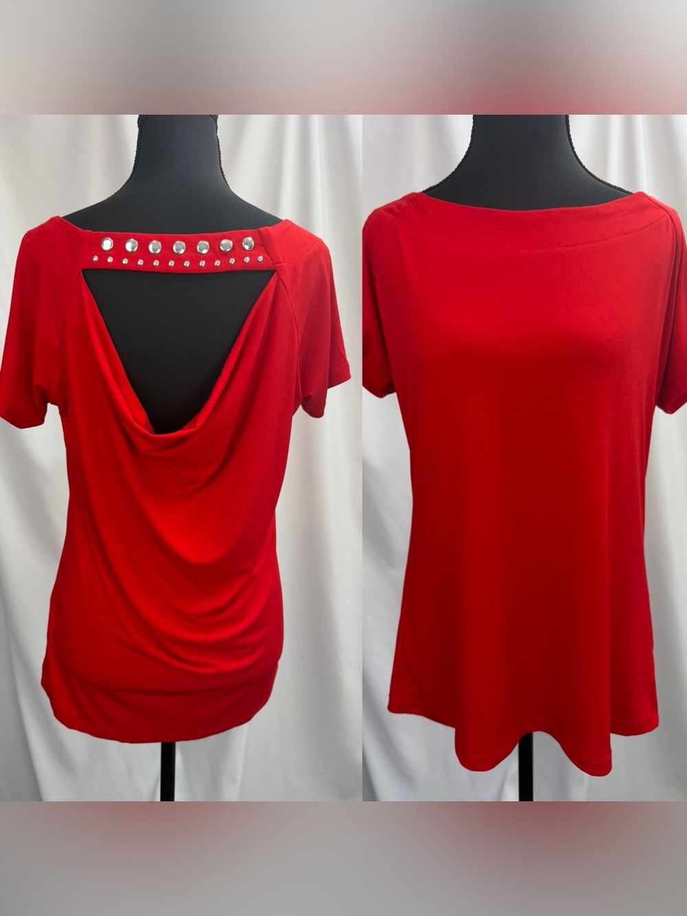 Carmen Marc Valvo Red Stud-Embellished Draped Back Tee stretch size M
